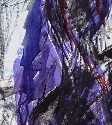 Almost back of a figure with purple inks and  deep black charcoal expressive flowing across the figure.