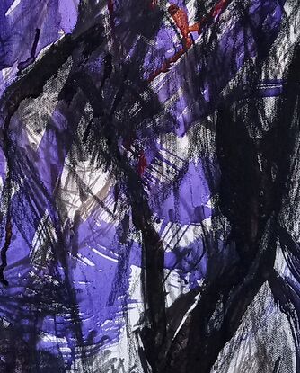 Almost back of a figure with purple inks and  deep black charcoal expressive flowing across the figure.