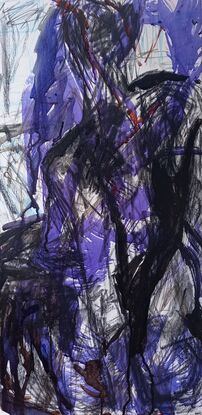 Almost back of a figure with purple inks and  deep black charcoal expressive flowing across the figure.