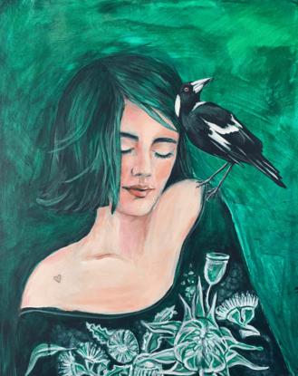 An artwork of a girl with green bobbed hair, eyes closed, magpie on one shoulder, a heart tattoo on the other. She is wearing a green shirt with white pattern and sits against a green background.