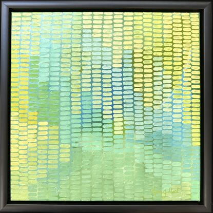 soft green and lemon abstract background covered in the most simple shapes in a veneer of brush strokes creating a mesmerizing work full of fresh lemon and light green colours.