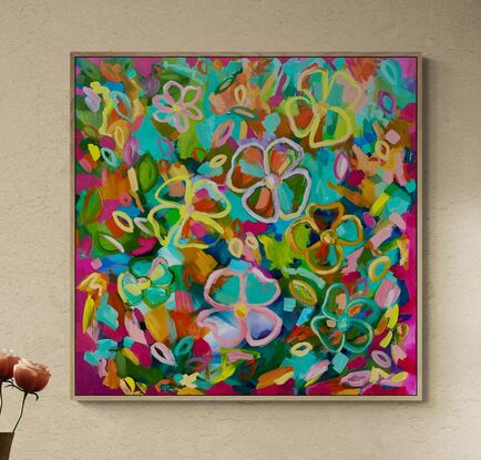 A bold composition using my signature theme of floating flowers, bright colours, nature inspired, with an edgey graffiti feel.