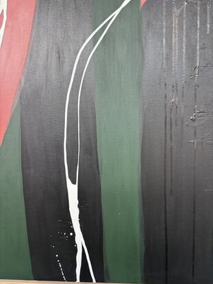 Cream background with large black, ochre red and dark green organic shapes  Splashes and drips of white paint and black ink.