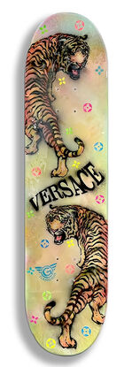 2 tigers, versace, stencils, acrylic painting, resin coat finish, art on wood, art on skateboard, wall art, wall sculpture, ready to hang sculpture