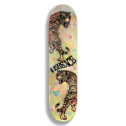 2 tigers, versace, stencils, acrylic painting, resin coat finish, art on wood, art on skateboard, wall art, wall sculpture, ready to hang sculpture