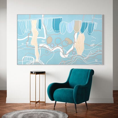 A crisp, playful pop art piece with gray & white line art image on a aqua/teal background with warm tones.