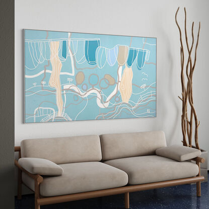 A crisp, playful pop art piece with gray & white line art image on a aqua/teal background with warm tones.