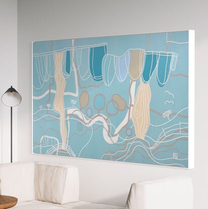 A crisp, playful pop art piece with gray & white line art image on a aqua/teal background with warm tones.