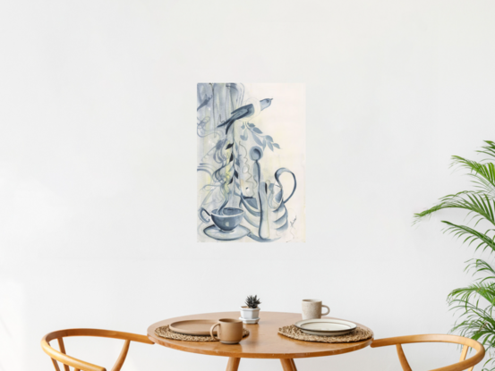 Abstract fantasy painting in hues of beige and indigo with coffee, jug, utensils and bird