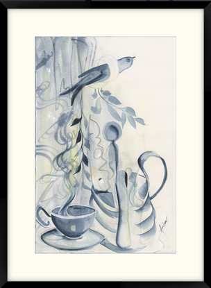 Abstract fantasy painting in hues of beige and indigo with coffee, jug, utensils and bird