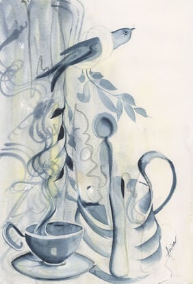 Abstract fantasy painting in hues of beige and indigo with coffee, jug, utensils and bird