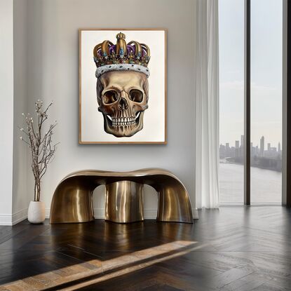 Photo realistic skull with diamond crown on white background 