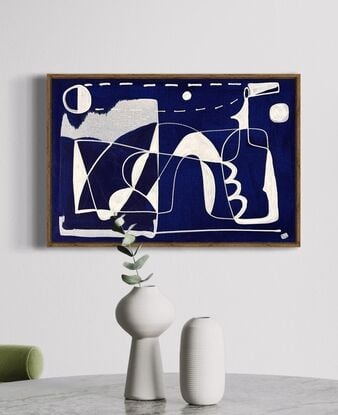 White line drawing style of abstracted female figure and sails with sun and moon on dark blue background.