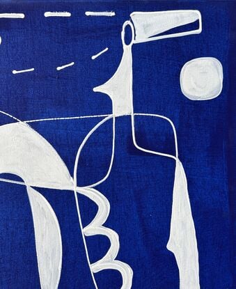 White line drawing style of abstracted female figure and sails with sun and moon on dark blue background.