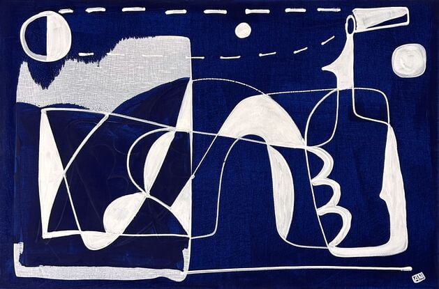 White line drawing style of abstracted female figure and sails with sun and moon on dark blue background.