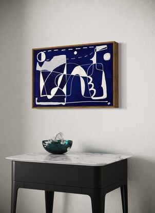 White line drawing style of abstracted female figure and sails with sun and moon on dark blue background.