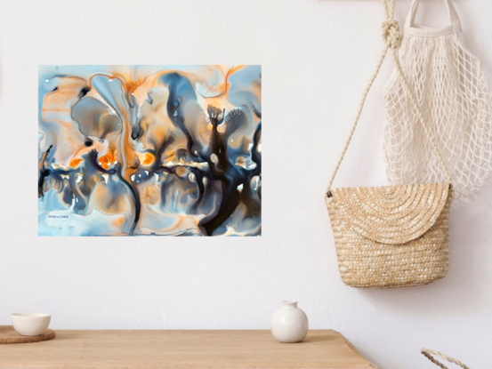 Introducing "Rapture," an intriguing mixed media abstract artwork that captures the mesmerizing interplay of light and shadow in a dynamic and fluid composition. With cool blues and warm oranges swirling together, this piece evokes the feeling of being caught in a moment of intense beauty and mystery. The organic forms and vivid contrasts invite the viewer to explore the depths of the artwork, discovering new shapes and meanings with every glance. "Rapture" is a stunning expression of movement and emotion, perfect for adding a bold and thought-provoking element to any space.