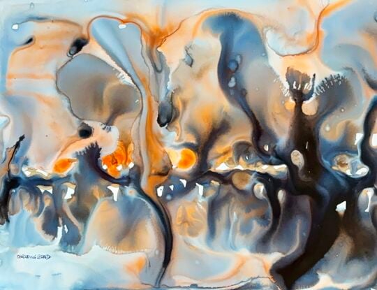 Introducing "Rapture," an intriguing mixed media abstract artwork that captures the mesmerizing interplay of light and shadow in a dynamic and fluid composition. With cool blues and warm oranges swirling together, this piece evokes the feeling of being caught in a moment of intense beauty and mystery. The organic forms and vivid contrasts invite the viewer to explore the depths of the artwork, discovering new shapes and meanings with every glance. "Rapture" is a stunning expression of movement and emotion, perfect for adding a bold and thought-provoking element to any space.