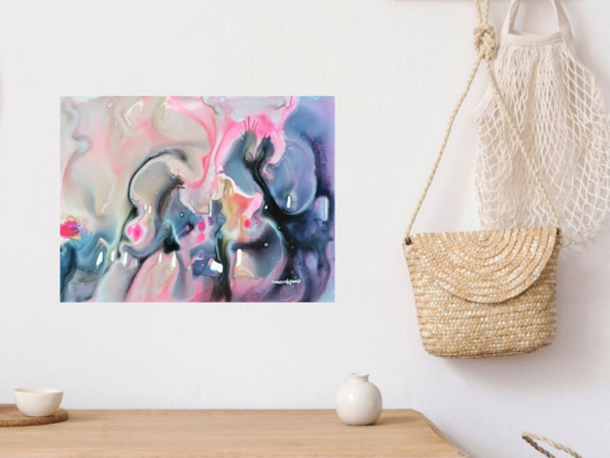 "Drift" is a captivating mixed media abstract artwork that captures the serene and subtle flow of colors merging in an effortless dance. The piece explores the tranquil interplay of soft pinks, blues, and delicate grays, inviting the viewer to lose themselves in its dreamlike atmosphere. This artwork evokes a sense of gentle movement and calm, making it a perfect addition to spaces that seek to inspire relaxation and contemplation.