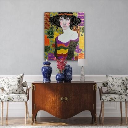 A beautiful young woman stands in a formal abstracted room in Klimt style