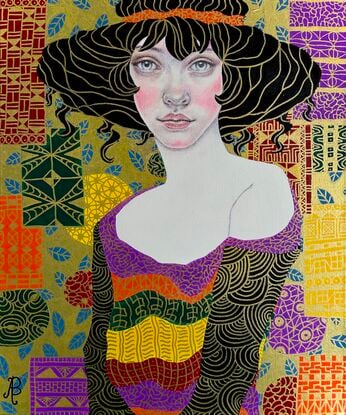 A beautiful young woman stands in a formal abstracted room in Klimt style