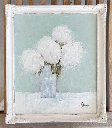 Still Life white hydrangeas in antique frame.