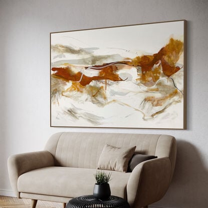 bold marks in  warm earthy beige, ochre , brown, white and grey across the canvas suggestive of landscape of valleys and open spaces made from large expressive painterly marks