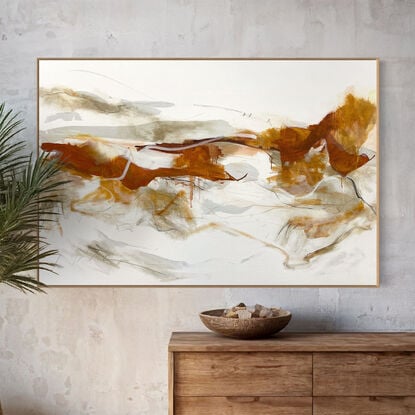 bold marks in  warm earthy beige, ochre , brown, white and grey across the canvas suggestive of landscape of valleys and open spaces made from large expressive painterly marks