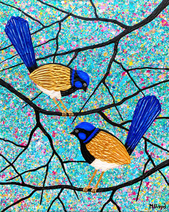 two blue wrens fairy wrens birds in a tree with a blue background