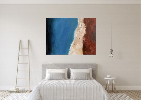 Australian Beaches are so beautiful, this was created after a trip to Perth, where the coastline is rich in colour. I loved the deep blue in contrast to the habitat surrounding the sand. I have used my palette knife to mix my colours directly on the canvas to give lots of texture. So beautiful and peaceful, the contrast of colours really make this piece a statement in any room in your  home. 