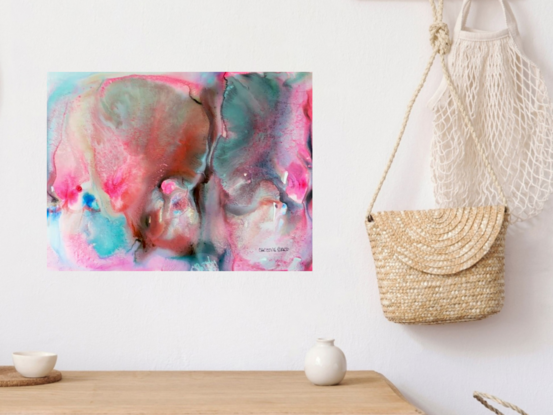 "Fusion" beautifully captures the harmonious blend of soft pinks, blues, and subtle hints of green in this mixed media abstract artwork. The fluid shapes and intermingling colors create a dreamy, almost ethereal landscape that invites the viewer to explore the depths of imagination and emotion. This piece is perfect for spaces that aim to inspire creativity, evoke calmness, and add a touch of modern elegance to the decor. A celebration of color and form, "Fusion" reflects the delicate balance and unity found in nature and art.