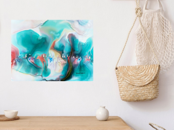 "Zephyr" captures the gentle movement of colors blending like a soft breeze over a serene landscape. This mixed media abstract artwork features a harmonious blend of turquoise, coral, and teal hues, evoking the tranquility of nature and the fluidity of wind and water. The interplay of light and color creates a sense of depth and calm, inviting viewers to lose themselves in its soothing and ethereal beauty.