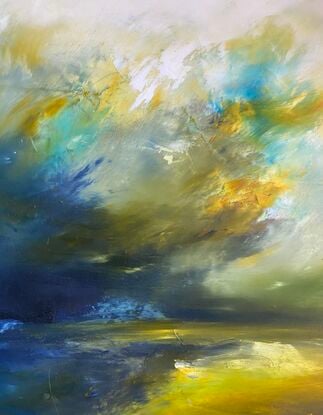 A painting of  big sky and calm clouds