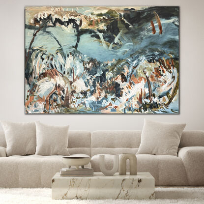 Large abstract painting in blue and natural tones alluding to landscape and water