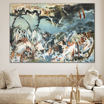 Large abstract painting in blue and natural tones alluding to landscape and water