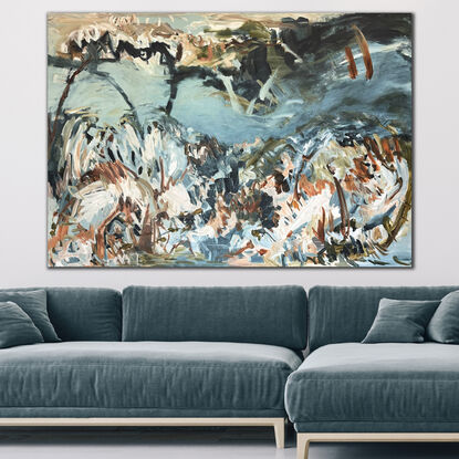 Large abstract painting in blue and natural tones alluding to landscape and water