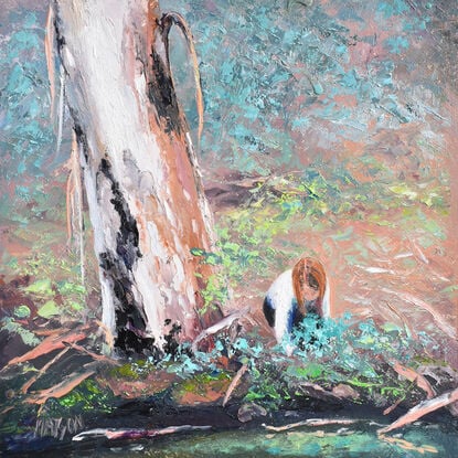 Landscape painting with a girl peering into a forest creek beneath an old gum tree. 