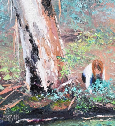 Landscape painting with a girl peering into a forest creek beneath an old gum tree. 