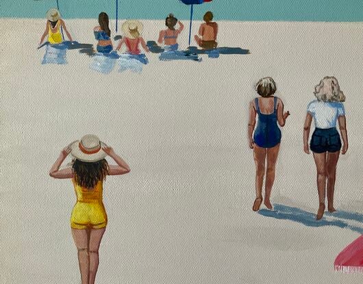 People on beach in swimming costumes, bikinis under umbrellas or walking on sand. Ocean in background.  Minimalist simplified style. Set in sixties.