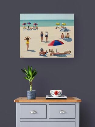 People on beach in swimming costumes, bikinis under umbrellas or walking on sand. Ocean in background.  Minimalist simplified style. Set in sixties.