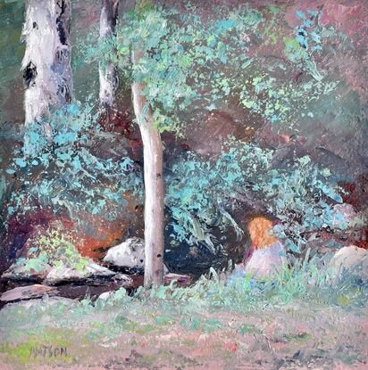 Landscape painting with the back view of a girl sitting beside a creek in a forest of gum trees.  