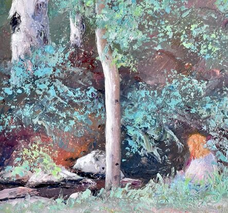 Landscape painting with the back view of a girl sitting beside a creek in a forest of gum trees.  