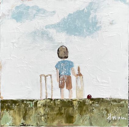 Original Figurative Farmhouse Painting featuring a young boy ready for backyard cricket.
