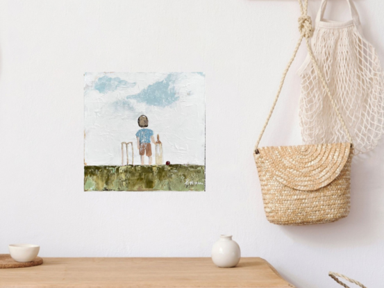 Original Figurative Farmhouse Painting featuring a young boy ready for backyard cricket.
