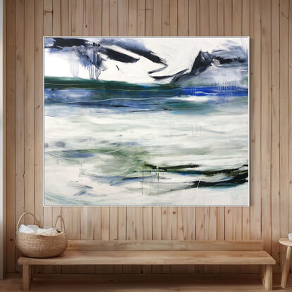 bold textured marks in light green, olive with areas of white and grey, beige, navy, and bright blue expressive marks across a large canvas suggestive of the landscape seascape.