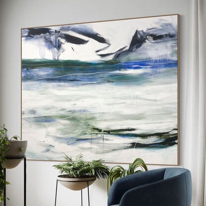 bold textured marks in light green, olive with areas of white and grey, beige, navy, and bright blue expressive marks across a large canvas suggestive of the landscape seascape.