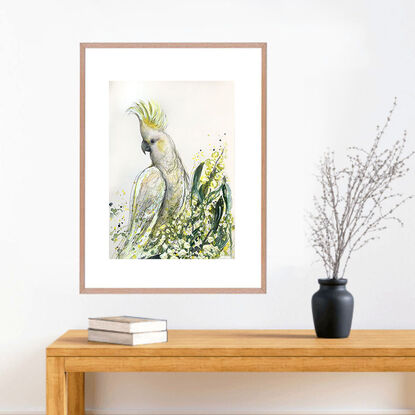 A mixed media painting of an Australian cockatoo in a wattle tree, by Sydney bird artist Leni Kae. The cockatoo sits with its crest up as a symbol of embracing the joy and happiness of the new season. 