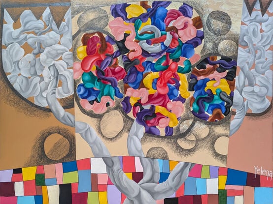 "Harmonious Discord" features a vibrant swirl of reds, blues, yellows, and purples at the center, surrounded by grayscale forms on a beige backdrop. Below, a colorful grid of rectangular blocks adds structure to the composition. The contrast between fluid, organic shapes and geometric patterns creates a dynamic tension.