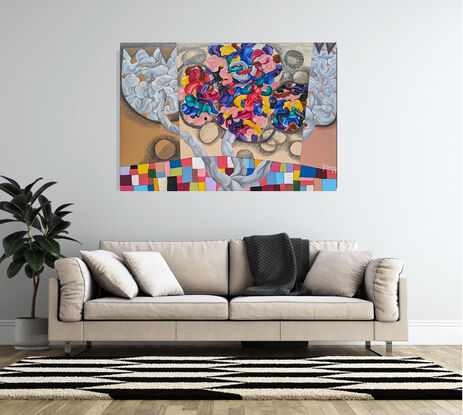 "Harmonious Discord" features a vibrant swirl of reds, blues, yellows, and purples at the center, surrounded by grayscale forms on a beige backdrop. Below, a colorful grid of rectangular blocks adds structure to the composition. The contrast between fluid, organic shapes and geometric patterns creates a dynamic tension.