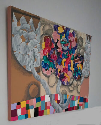 "Harmonious Discord" features a vibrant swirl of reds, blues, yellows, and purples at the center, surrounded by grayscale forms on a beige backdrop. Below, a colorful grid of rectangular blocks adds structure to the composition. The contrast between fluid, organic shapes and geometric patterns creates a dynamic tension.